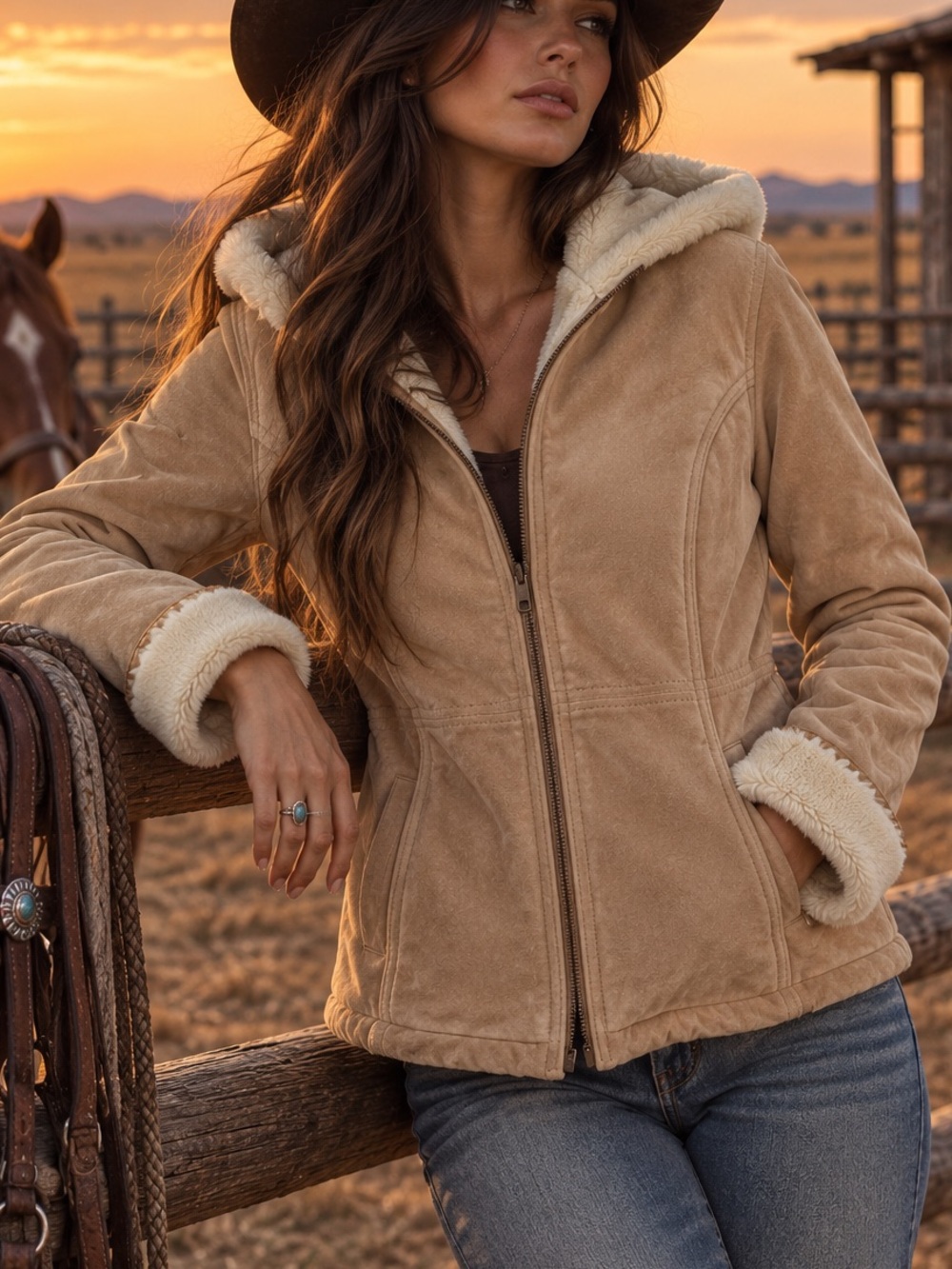 Sonoma Women’s L Genuine Suede Sherpa Hooded Leather Jacket Western Winter Coat